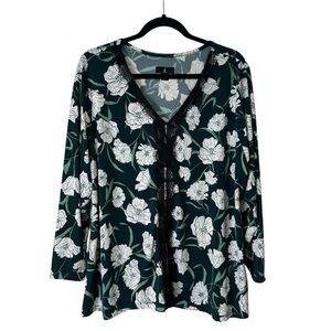 Jason Wu Women’s XL Green Floral V-Neck Lace Front Blouse Top